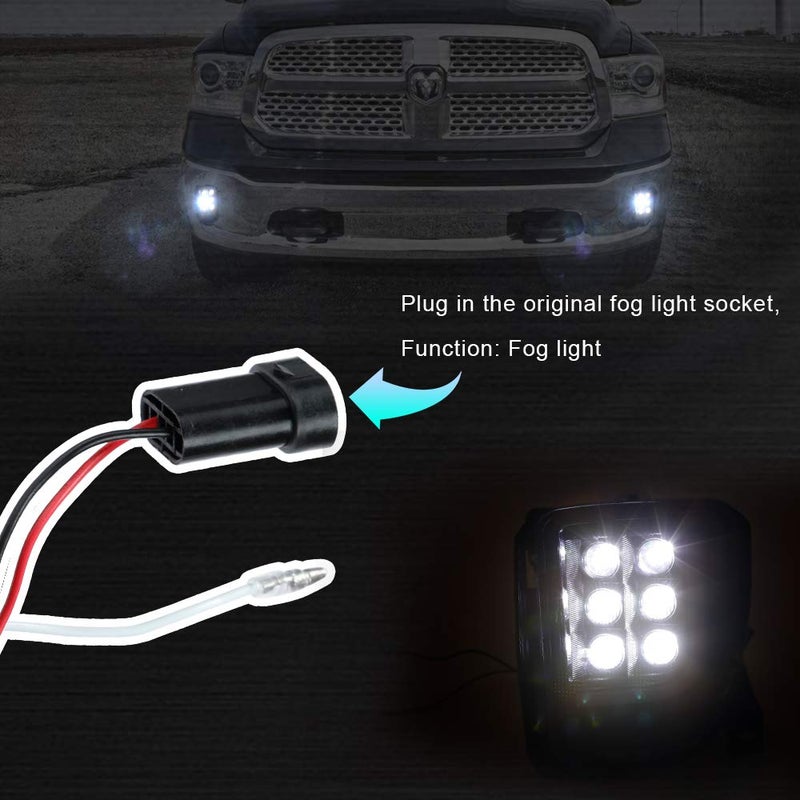ROCCS Fit for Dodge Ram 1500 Fog Lights LED DRL 2013 2014 2015 2016 2017 2018 Pair Black Daytime Running Light Passing Driving Fog Lamps Clear Lens - Image 3